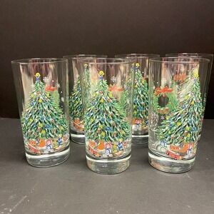 Set of 6 Christmas Tree Highball Glasses Holiday Drinkware with Storage Case